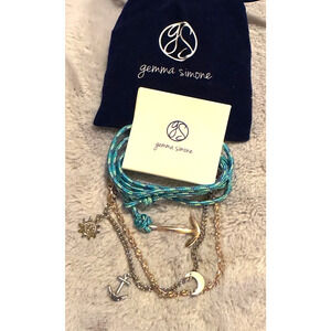 New Gemma Simone Voyage Nautical Bracelet Set Gold Moon Anchors & green rope